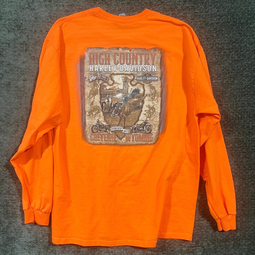 Harley-Davidson T-Shirt Mens XL Orange High Country Cheyenne Wyoming Long Sleeve